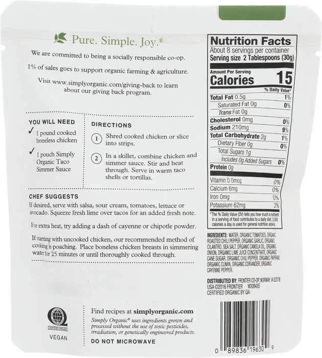 Mild Taco Simmer Sauce, Org, 8 oz