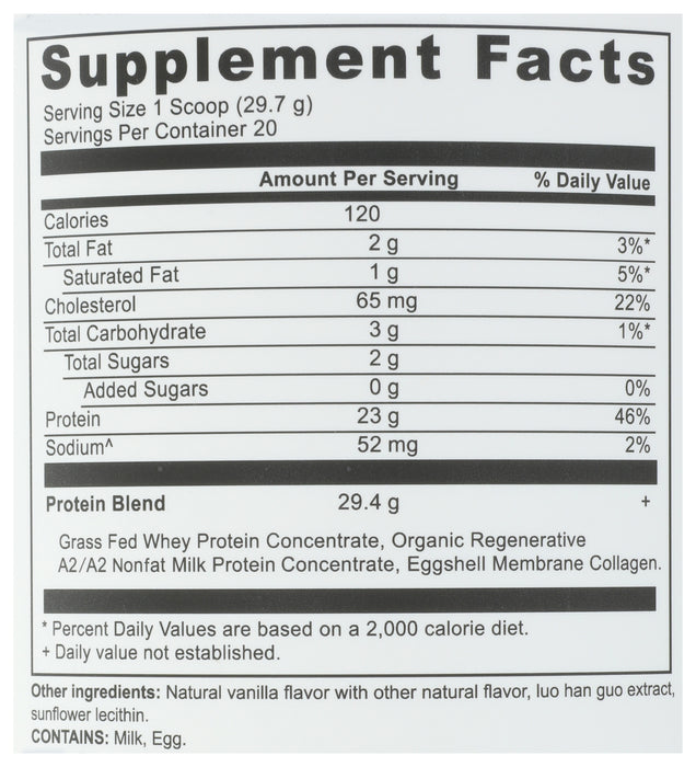 Whey Protein Powder A2/A2, Vanilla Bean, 21 oz/20 serv