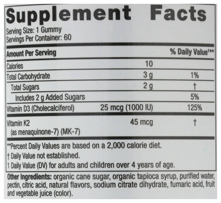 Vitamin D3+K2 1000IU/45mcg, 60 gummy