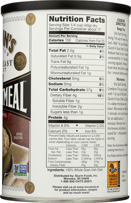 Irish Oatmeal Steel Cut, Quick & Easy, 24 oz
