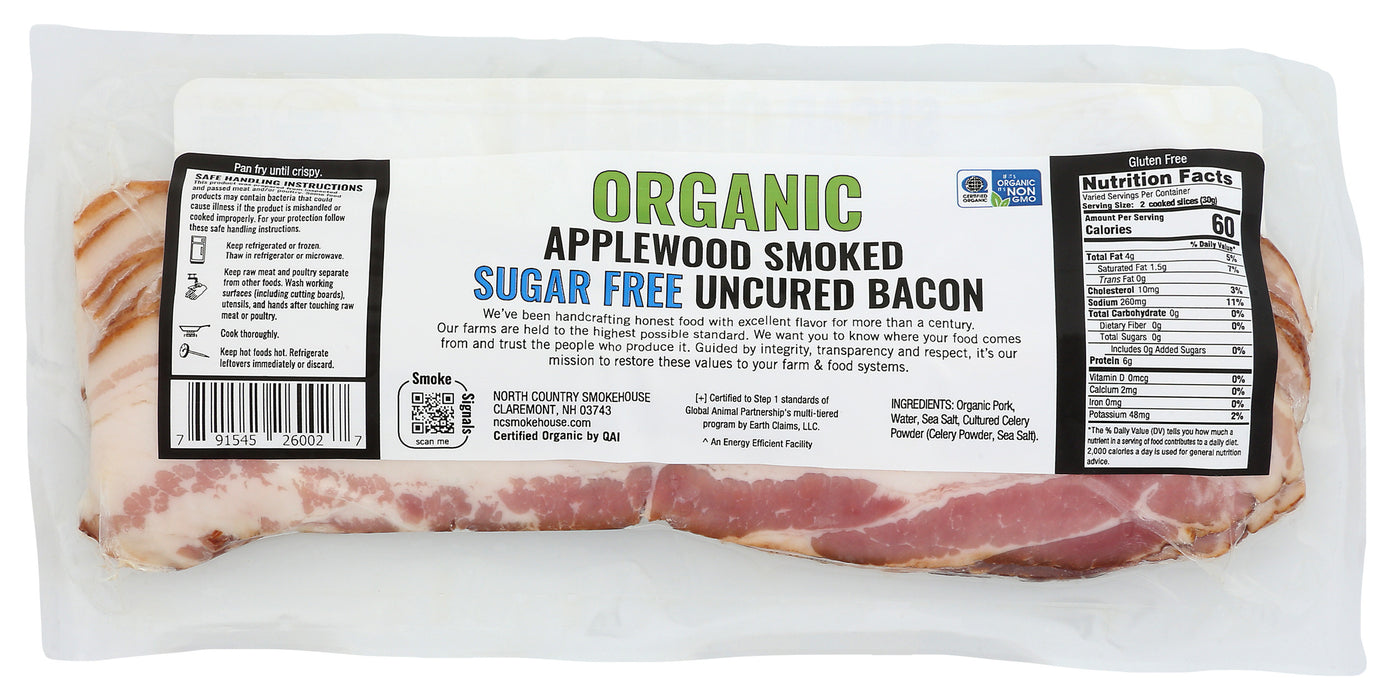 Applewood Smoked Uncured Bacon, Sugar Free, Org, 8 oz