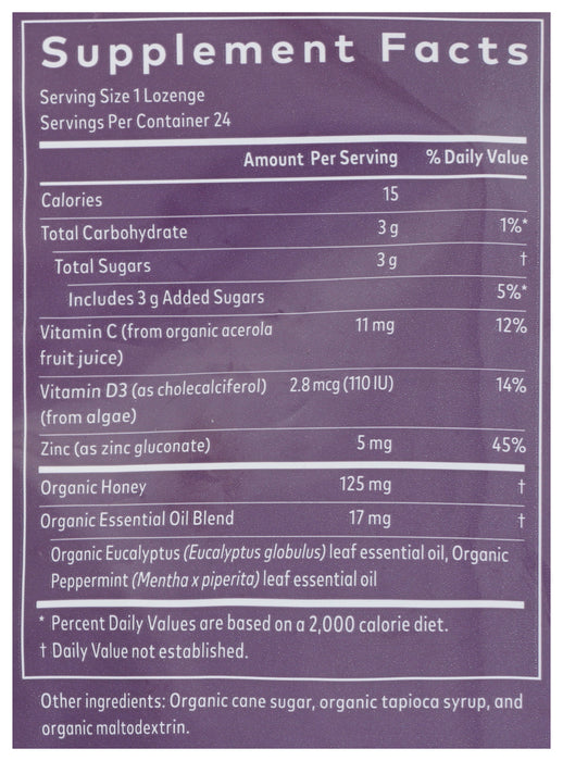 Immune Lozenges with Vit C, D & Zinc, Peppermint, Org, 24 loz