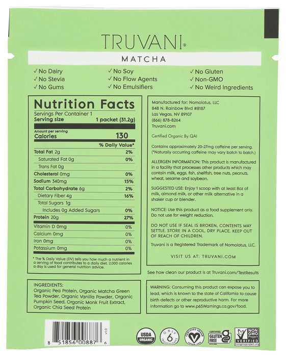 Plant Based Protein, Matcha, Org, 1 serv/1.1 oz