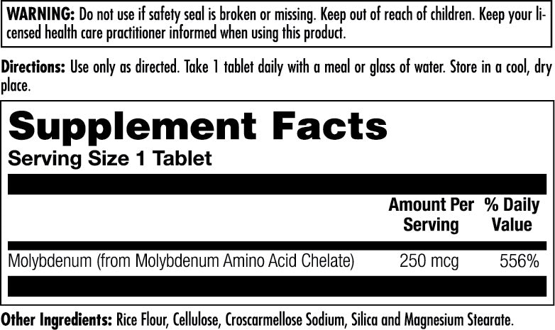 Molybdenum Chelated 250 mcg, 100 tab