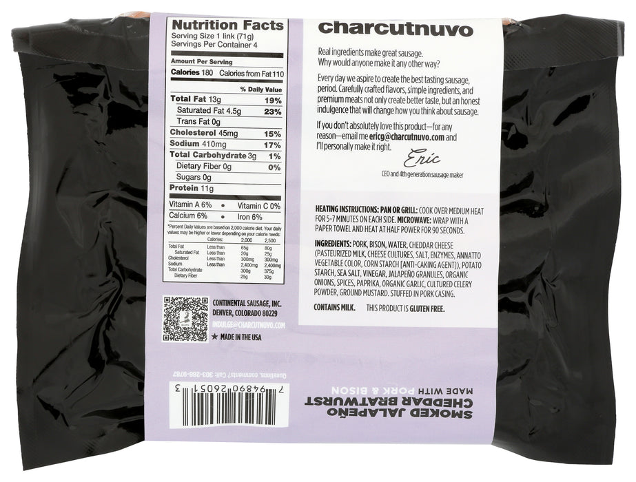 Smoked Jalapeno Cheddar Pork/Bison Bratwurst, 10 oz