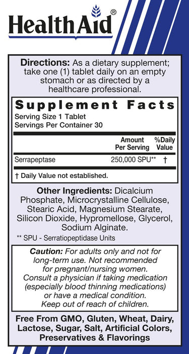 Serrapeptase 250K SPU, 30 vtab