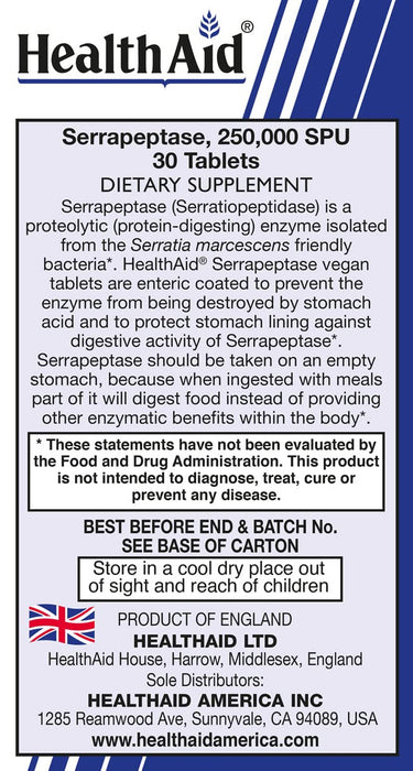 Serrapeptase 250K SPU, 30 vtab