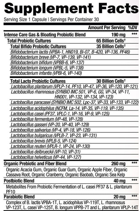 Intense Care Probiotic+ 65B SS, Gas + Bloating, 30 vcap