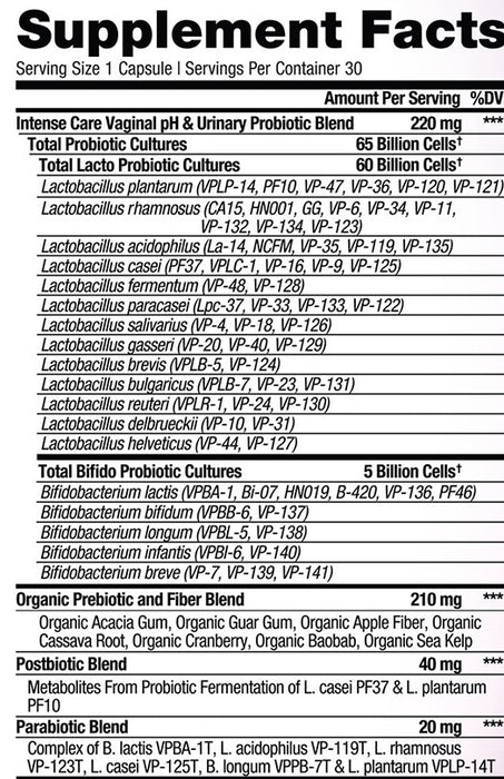 Intense Care Probiotic+ 65B SS, Vaginal pH + Urinary, 30 vcap