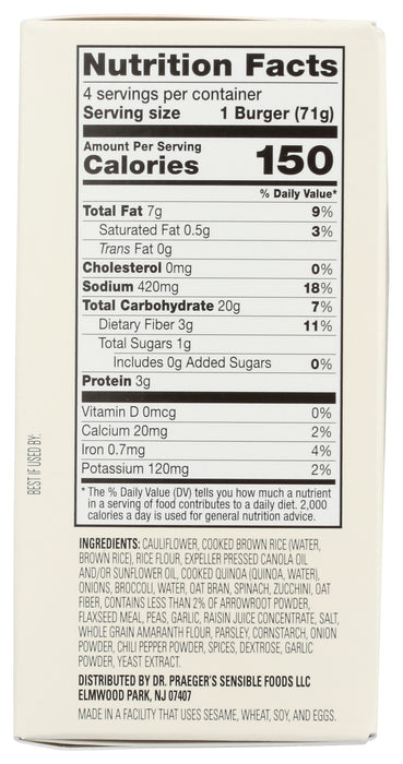 Crunchy Cauliflower Veggie Burgers, V, GF, 10 oz