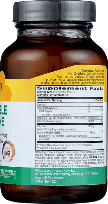 L-Lysine 600mg with Vitamin D3 & Elderberry, 60 chew