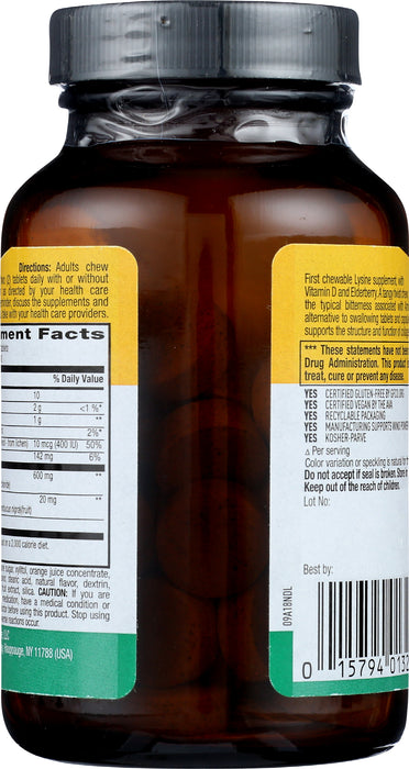 L-Lysine 600mg with Vitamin D3 & Elderberry, 60 chew