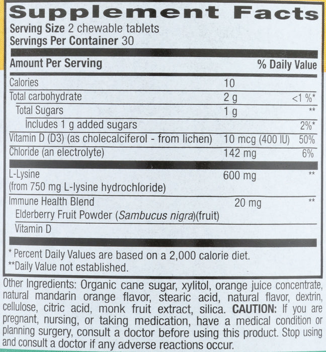 L-Lysine 600mg with Vitamin D3 & Elderberry, 60 chew