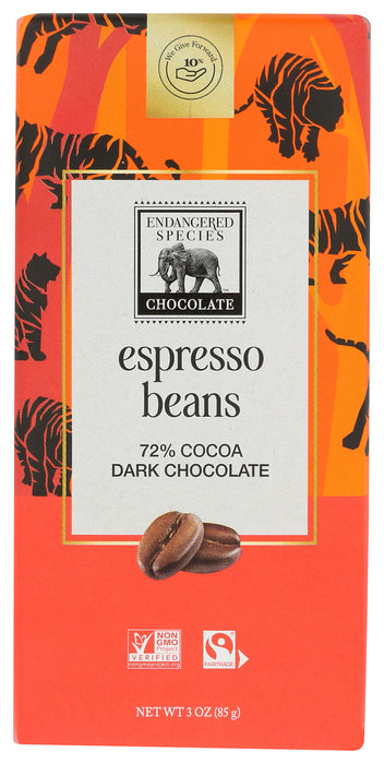Espresso Bean Dark Chocolate Bar 72%, 3 oz