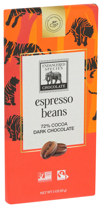 Espresso Bean Dark Chocolate Bar 72%, 3 oz