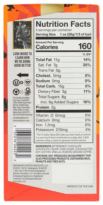 Espresso Bean Dark Chocolate Bar 72%, 3 oz