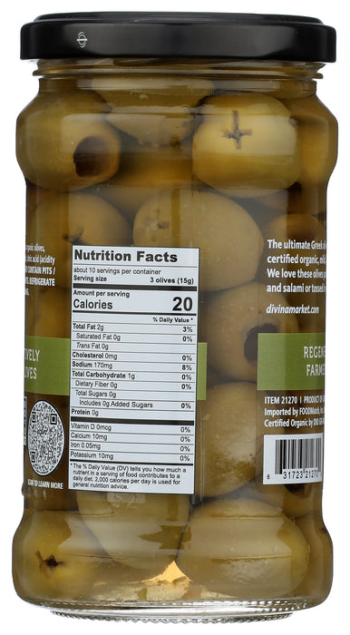 Green Olives Pitted, Org, 5.3 oz