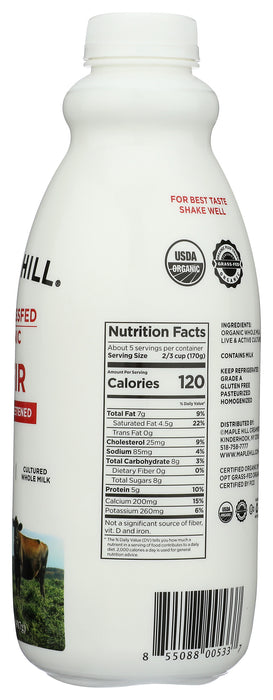 Kefir Grassfed Whole Milk, Plain, Org, 32 oz