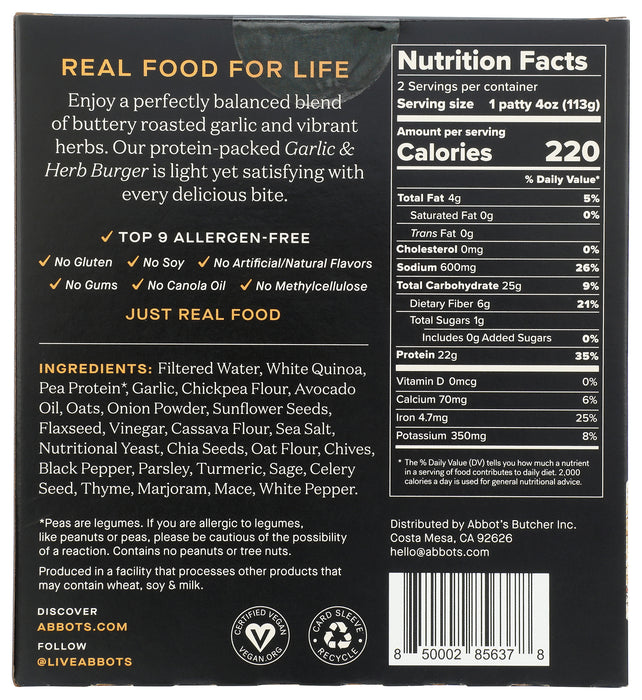 Protein Veggie Burger, Garlic & Herb, 8 oz