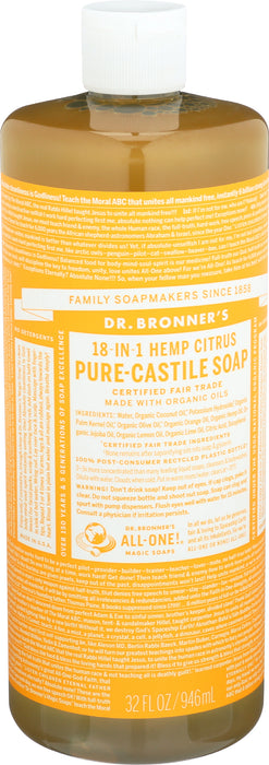 Pure Castile Liquid Soap, Hemp Citrus, 32 floz