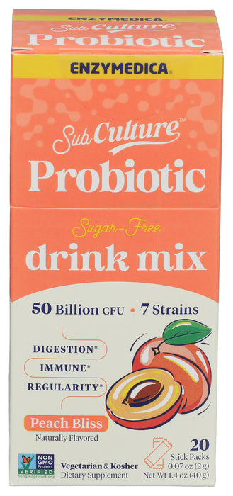 SubCulture Probiotic Drink Mix, Peach, 50B CFU, 20 stick