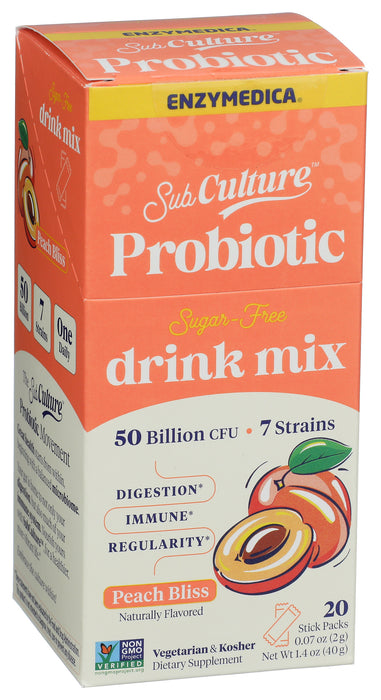 SubCulture Probiotic Drink Mix, Peach, 50B CFU, 20 stick