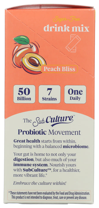 SubCulture Probiotic Drink Mix, Peach, 50B CFU, 20 stick