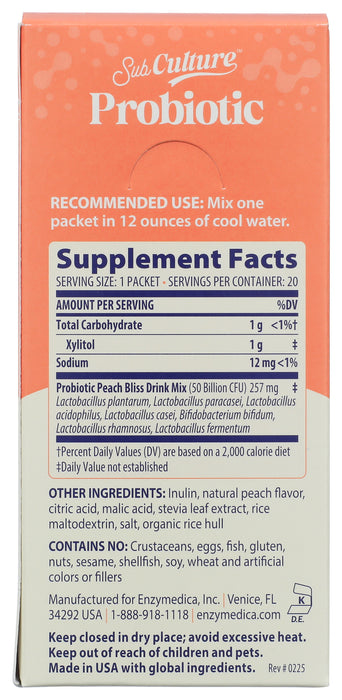 SubCulture Probiotic Drink Mix, Peach, 50B CFU, 20 stick