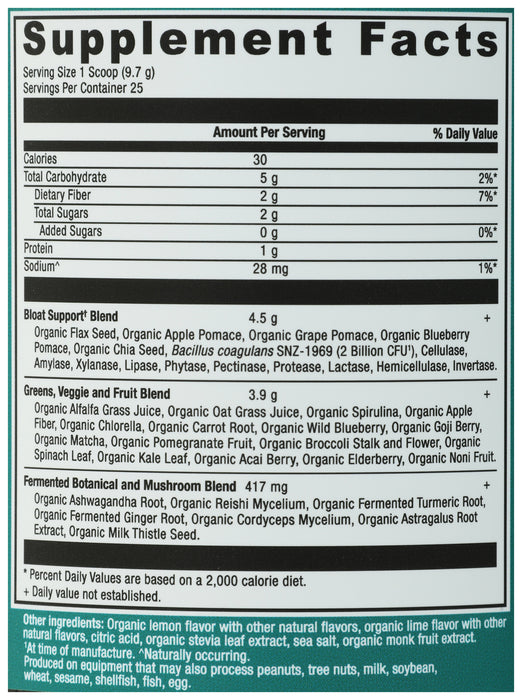 Super Greens Bloat Relief, Citrus Apple, Org, 25 serv/8.5 oz