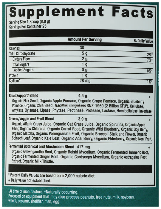 Super Greens Bloat Relief, Unflavored, Org, 25 serv/7.8 oz