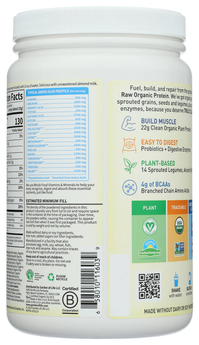 Raw Organic Protein, Vanilla, 620 g