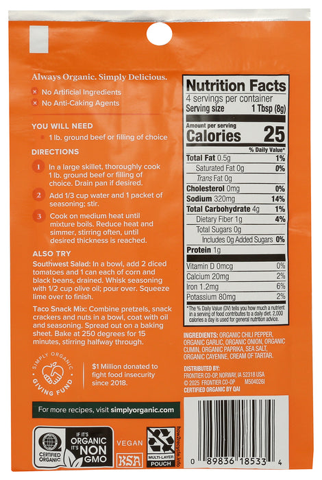 Southwest Taco Seasoning, Org, 1.13 oz