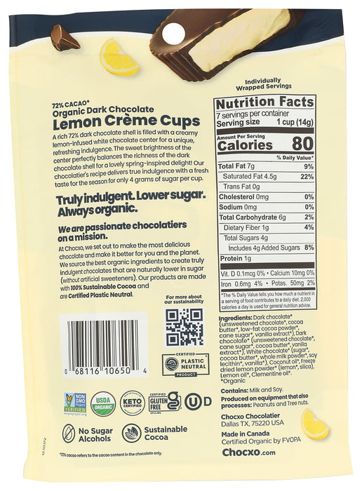 Lemon Creme Dark Chocolate Cups, 72%, Org, 3.45 oz