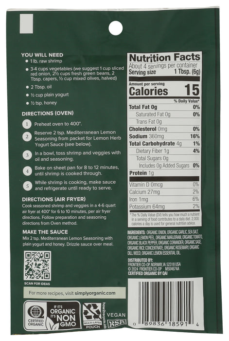 Mediterranean Lemon Seasoning Mix, Org GF, .85 oz