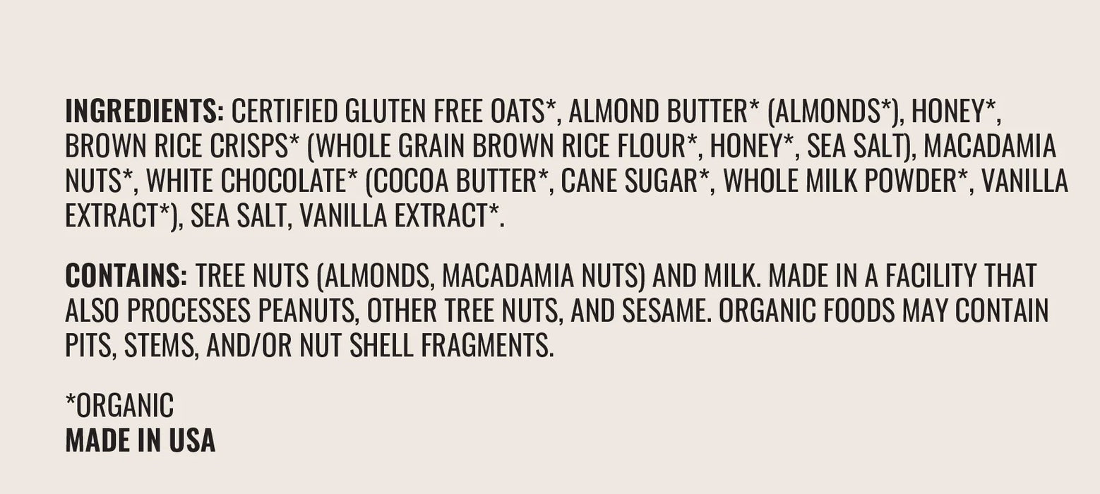 Bar, White Chocolate Macadamia, Org, GF, 2.2 oz