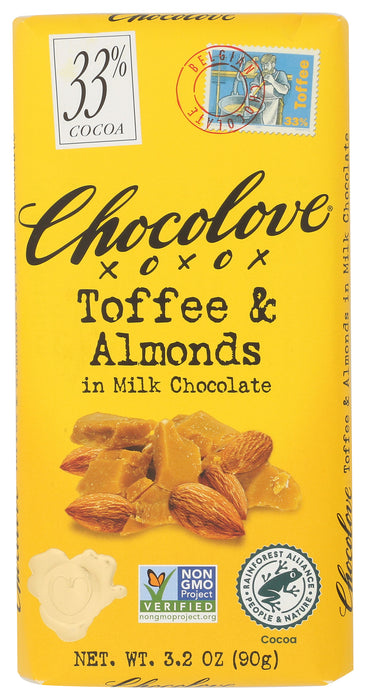Toffee & Almonds Milk Chocolate Bar 33% Cocoa, 3.2 oz