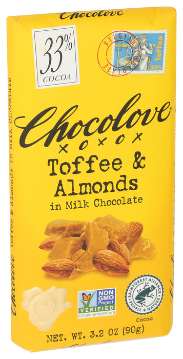 Toffee & Almonds Milk Chocolate Bar 33% Cocoa, 3.2 oz