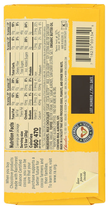 Toffee & Almonds Milk Chocolate Bar 33% Cocoa, 3.2 oz