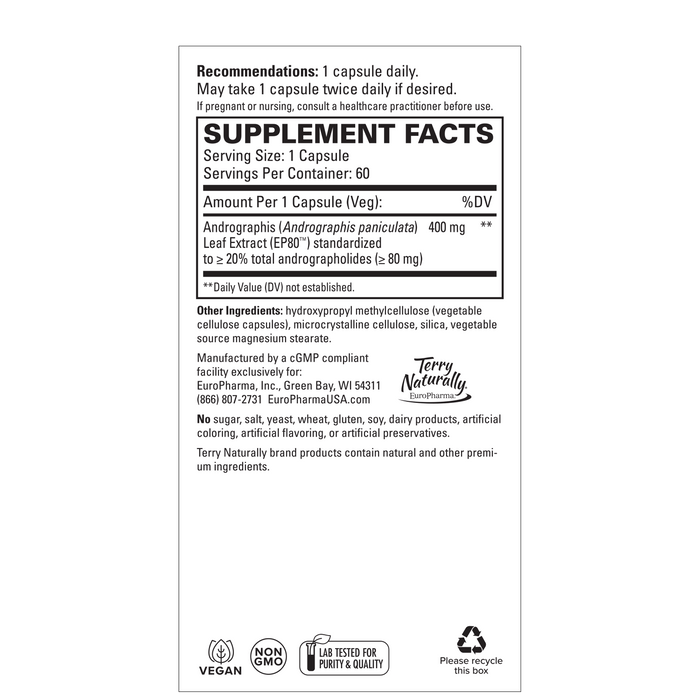 Andrographis EP80 Extra Strength 400 mg, 60 vcap