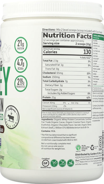 Organic Whey Protein, Grass Fed, Chocolate, 396 g