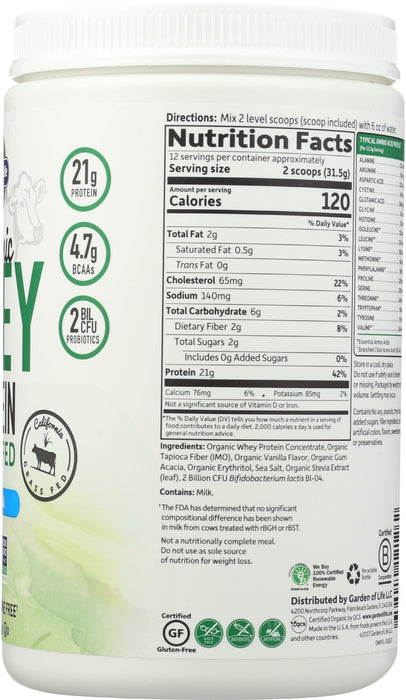 Organic Whey Protein, Grass Fed, Vanilla, 378 g