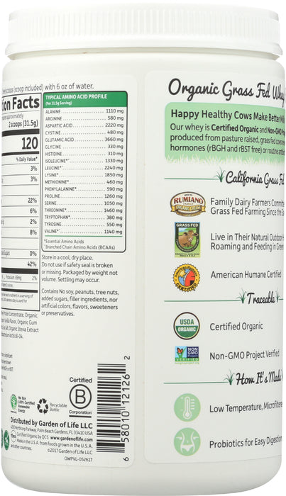 Organic Whey Protein, Grass Fed, Vanilla, 378 g