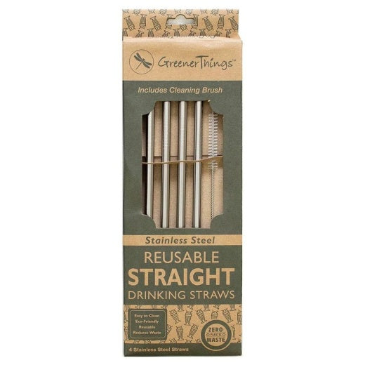 Stainless Steel Straight Straws w/ Brush, 4 ct