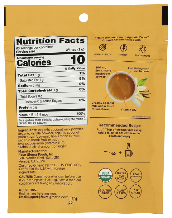 Focus Creamer, Vanilla, Org, 4.23 oz