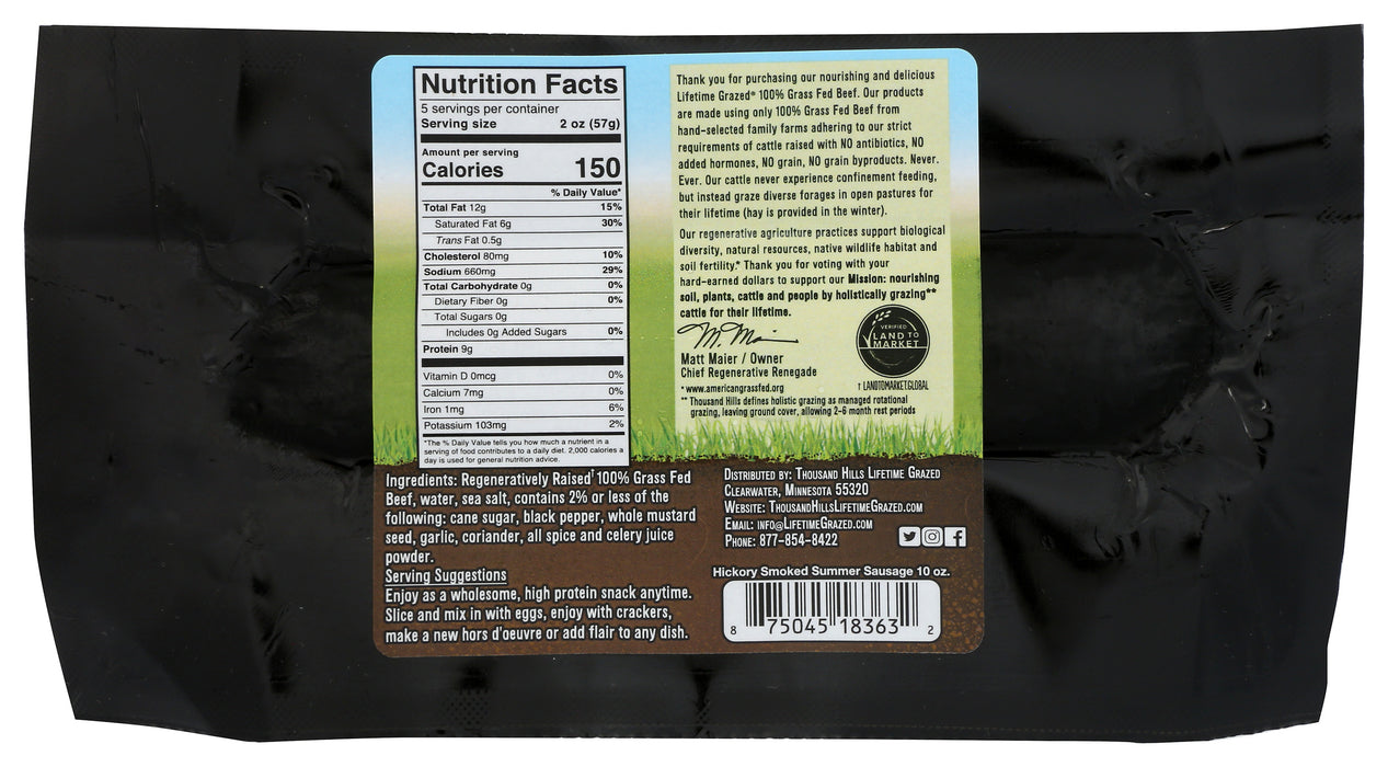 Hickory Smoked Summer Beef Sausage, Grassfed, 10 oz