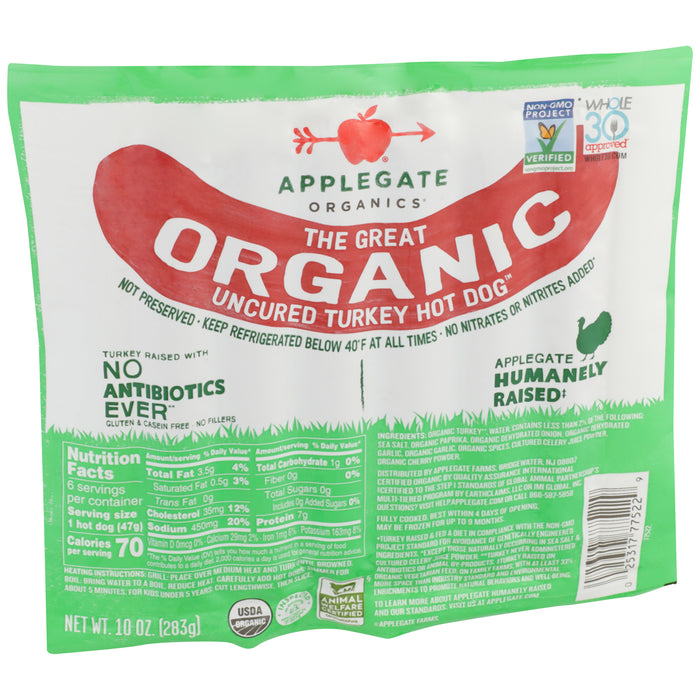 Uncured Turkey Hot Dog, Org, 10 oz