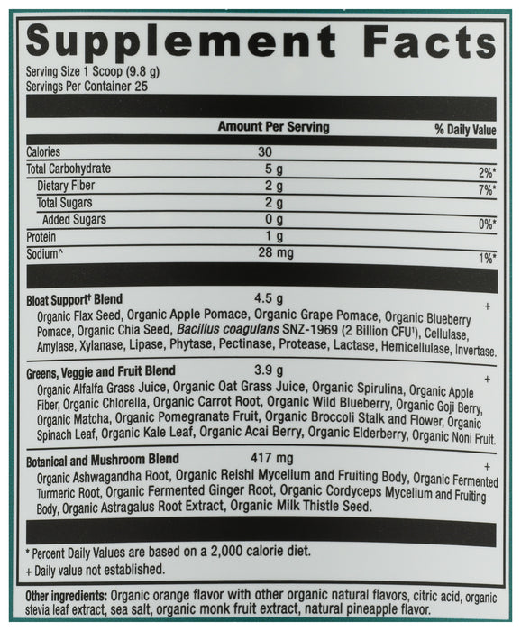 Super Greens Bloat Relief, Pineapple Orange, Org, 25 serv/8.6 oz