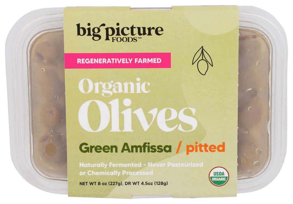 Green Amfissa Pitted Olives, Reg Org, 8 oz