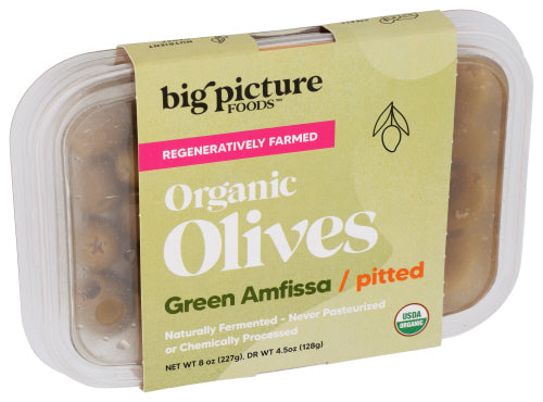 Green Amfissa Pitted Olives, Reg Org, 8 oz