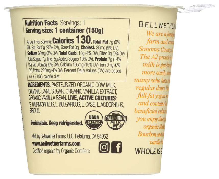 A2 Whole Milk Yogurt, Vanilla, Org, 5.3 oz